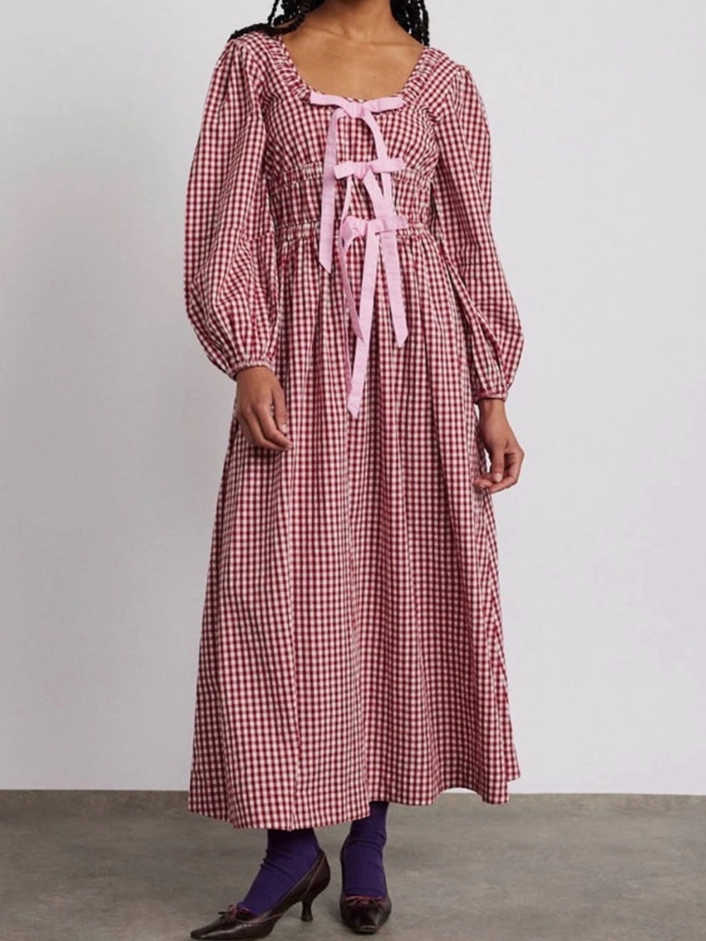 Pink Gingham Tie-Detail Long Sleeve Maxi Dress
